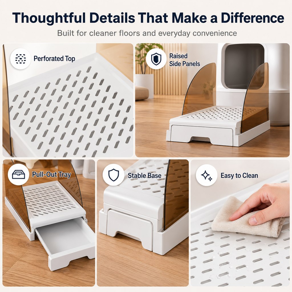Malloren Adjustable Cat Litter Box Step with Pull-Out Tray for Cleaner Floors