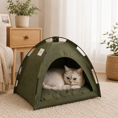 Malloren Cozy Foldable Cat Tent Bed for Apartment Naps - Breathable Hideaway with Removable Cushion