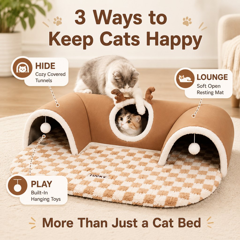 Malloren 3-in-1 Multi-Cat Tunnel Bed & Play Mat for Indoor Cats - Spacious Cozy Hideaway for Shared Rest, Play & Less Bed Competition