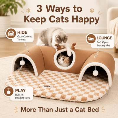 Malloren 3-in-1 Multi-Cat Tunnel Bed & Play Mat for Indoor Cats - Spacious Cozy Hideaway for Shared Rest, Play & Less Bed Competition