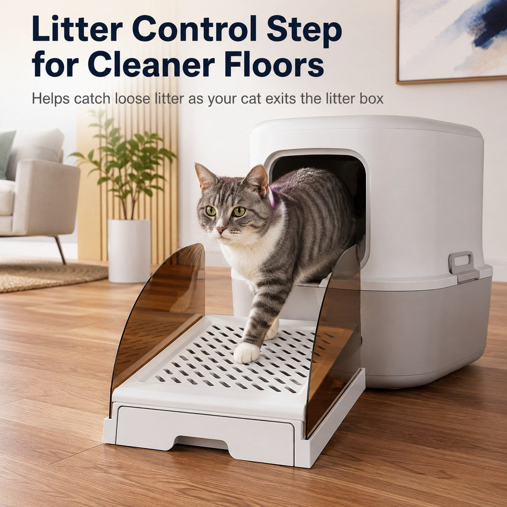 Malloren Adjustable Cat Litter Box Step with Pull-Out Tray for Cleaner Floors