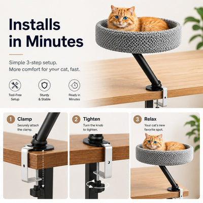 Malloren Desk Mounted Cat Bed Perch for Home Office - Space Saving Elevated Cat Lounger with Soft Breathable Fabric for Cats to Relax Beside Your Workspace