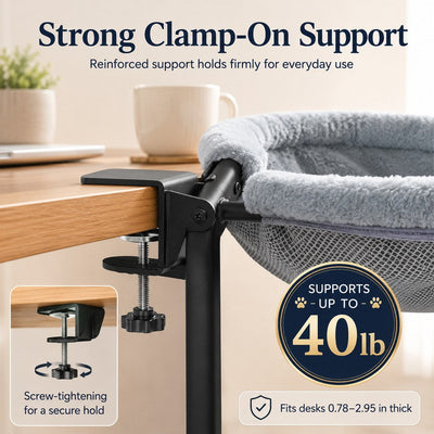 Malloren Desk-Mounted Cat Bed for Home Offices - Space-Saving Clamp-On Cat Hammock