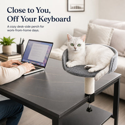 Malloren Clamp-On Cat Perch for Home Office Desks - Space-Saving Cat Bed with Sisal Scratching Post