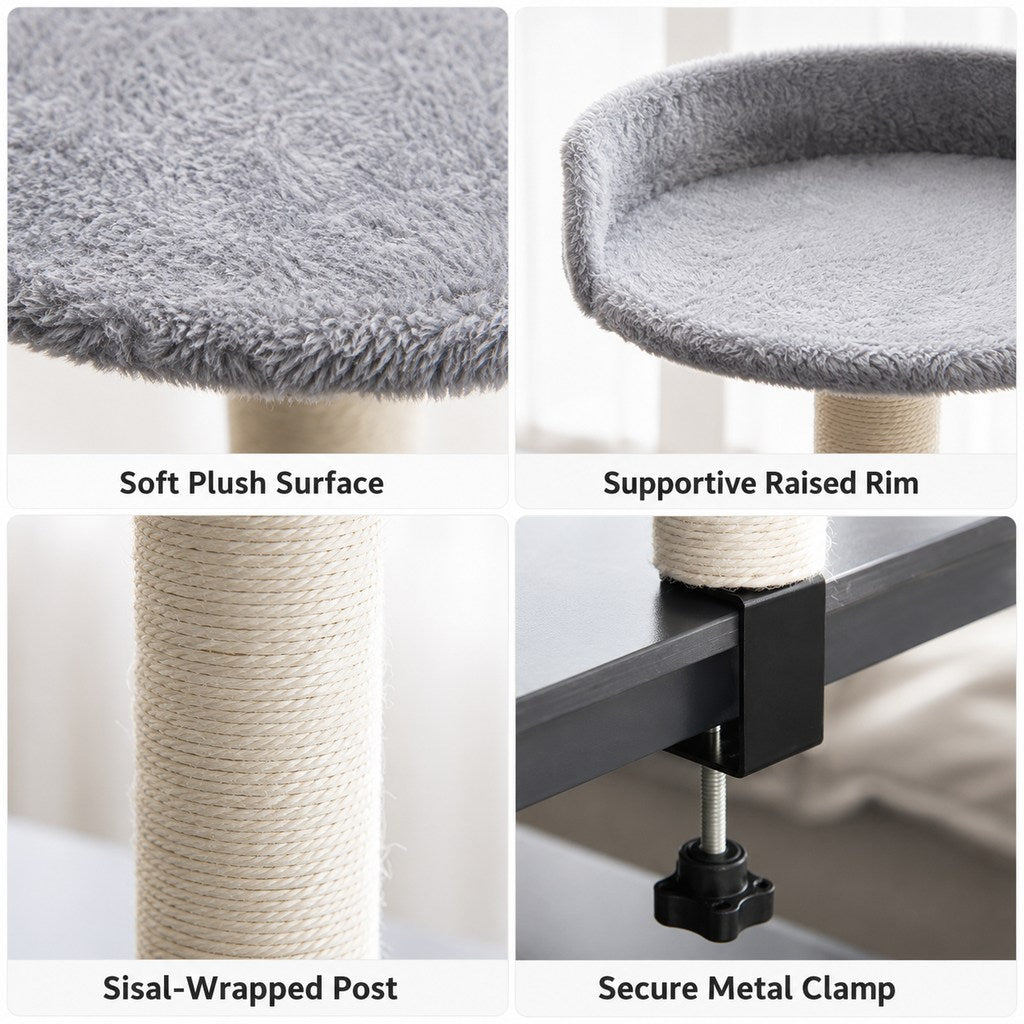 Malloren Clamp-On Cat Perch for Home Office Desks - Space-Saving Cat Bed with Sisal Scratching Post