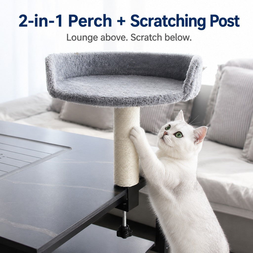 Malloren Clamp-On Cat Perch for Home Office Desks - Space-Saving Cat Bed with Sisal Scratching Post