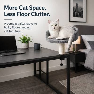 Malloren Clamp-On Cat Perch for Home Office Desks - Space-Saving Cat Bed with Sisal Scratching Post