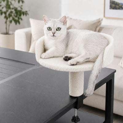 Malloren Clamp-On Cat Perch for Home Office Desks - Space-Saving Cat Bed with Sisal Scratching Post