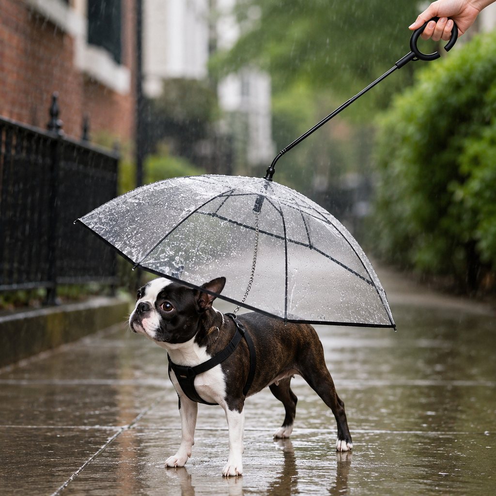 Malloren Clear Dog Umbrella with Built-In Leash for Rainy Walks & Potty Breaks - Helps Reduce Wet-Coat Cleanup for Small Dogs