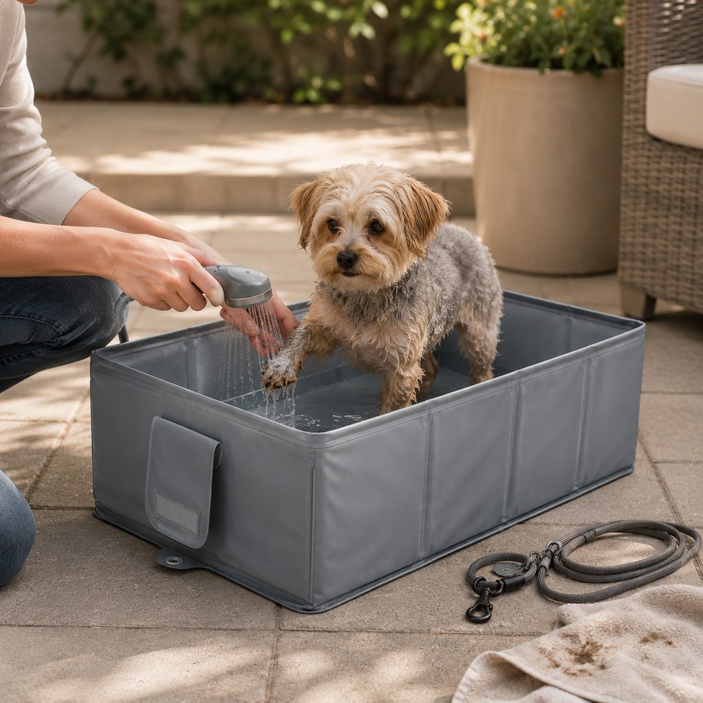 Malloren Collapsible Pet Bathtub with Drain Plug for Cats & Small Dogs - Easy At-Home Baths, Folds Flat for Storage