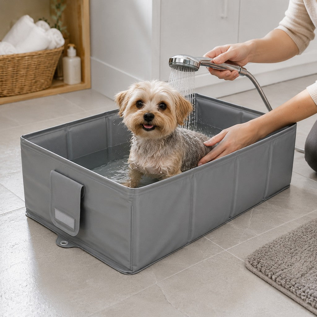 Malloren Collapsible Pet Bathtub with Drain Plug for Cats & Small Dogs - Easy At-Home Baths, Folds Flat for Storage