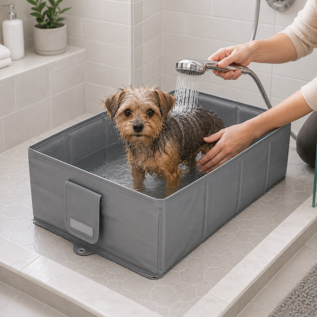 Malloren Collapsible Pet Bathtub with Drain Plug for Cats & Small Dogs - Easy At-Home Baths, Folds Flat for Storage