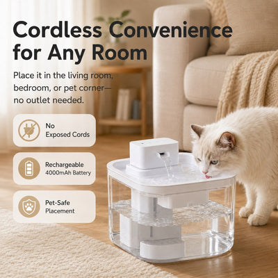 Malloren Cordless Motion Sensor Cat Water Fountain for Any Room - 3.1L Fresh Water Without Cords