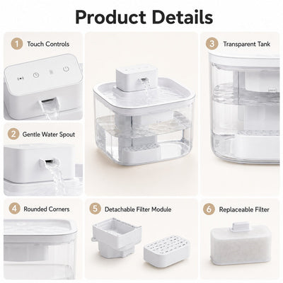 Malloren Cordless Motion Sensor Cat Water Fountain for Any Room - 3.1L Fresh Water Without Cords