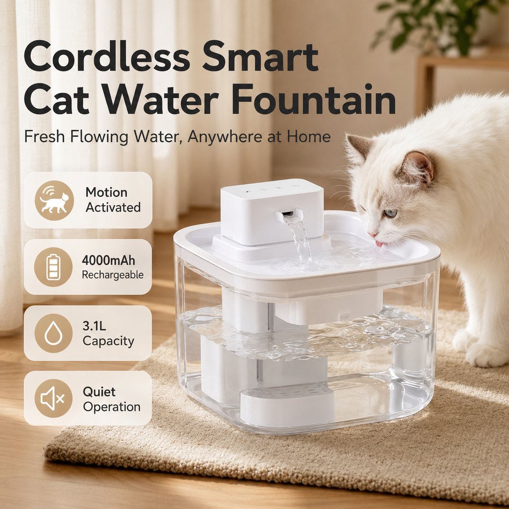 Malloren Cordless Motion Sensor Cat Water Fountain for Any Room - 3.1L Fresh Water Without Cords