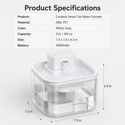 Malloren Cordless Motion Sensor Cat Water Fountain for Any Room - 3.1L Fresh Water Without Cords