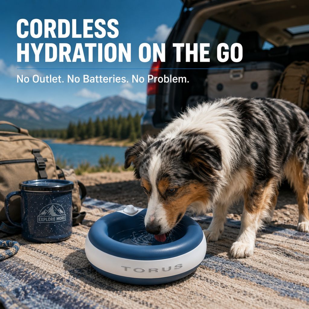 Malloren Cordless Self-Filling Filtered Pet Water Bowl 2L / 68oz - Gravity-Fed Dog & Cat Water Dispenser for Home, Travel & Outdoor Adventures