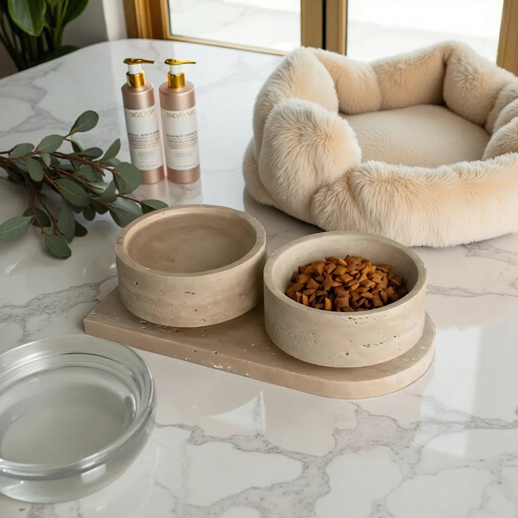 Travertine Pet Bowl Set
