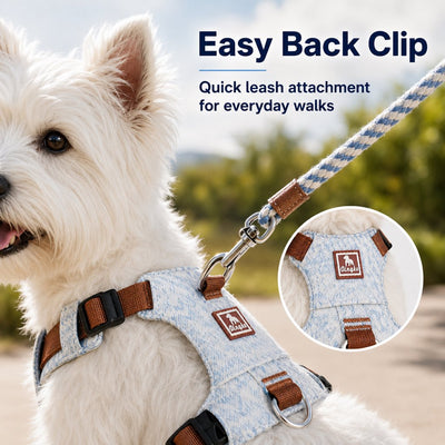 Malloren Vintage Denim No-Pull Dog Harness &5 ft Rope Leash Set - Soft Adjustable Vest for Everyday Walks, Better Control & Low-Light Visibility