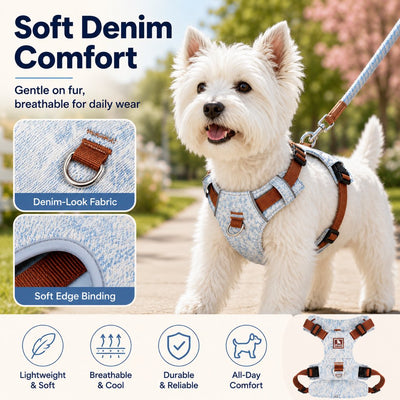 Malloren Vintage Denim No-Pull Dog Harness &5 ft Rope Leash Set - Soft Adjustable Vest for Everyday Walks, Better Control & Low-Light Visibility