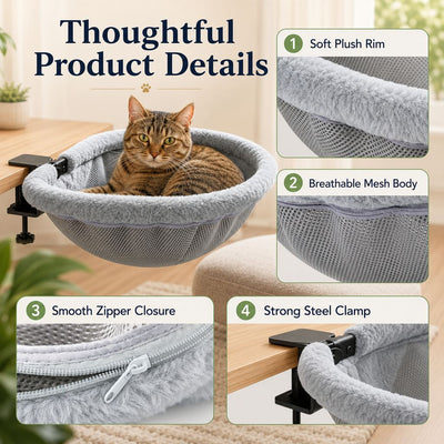 Malloren Desk-Mounted Cat Bed for Home Offices - Space-Saving Clamp-On Cat Hammock