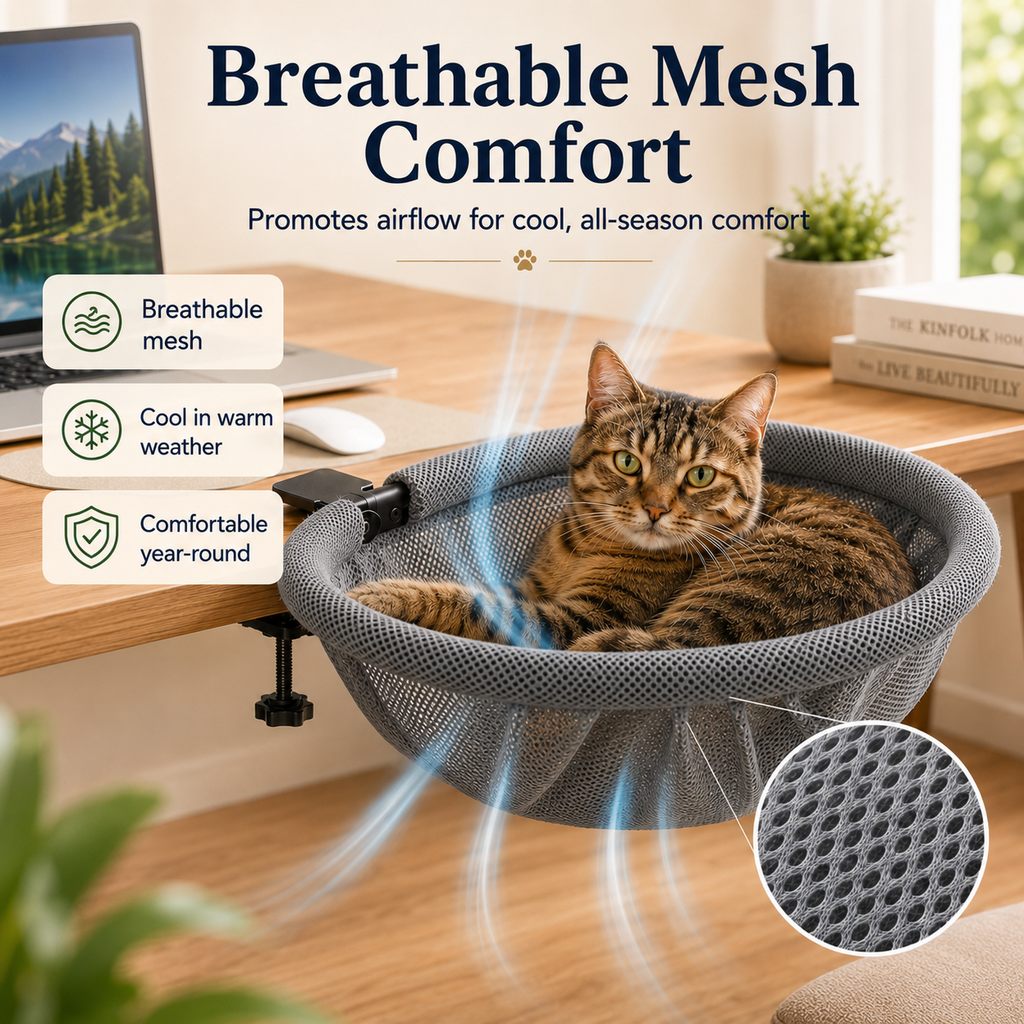 Malloren Desk-Mounted Cat Bed for Home Offices - Space-Saving Clamp-On Cat Hammock