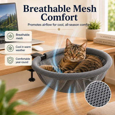 Malloren Desk-Mounted Cat Bed for Home Offices - Space-Saving Clamp-On Cat Hammock