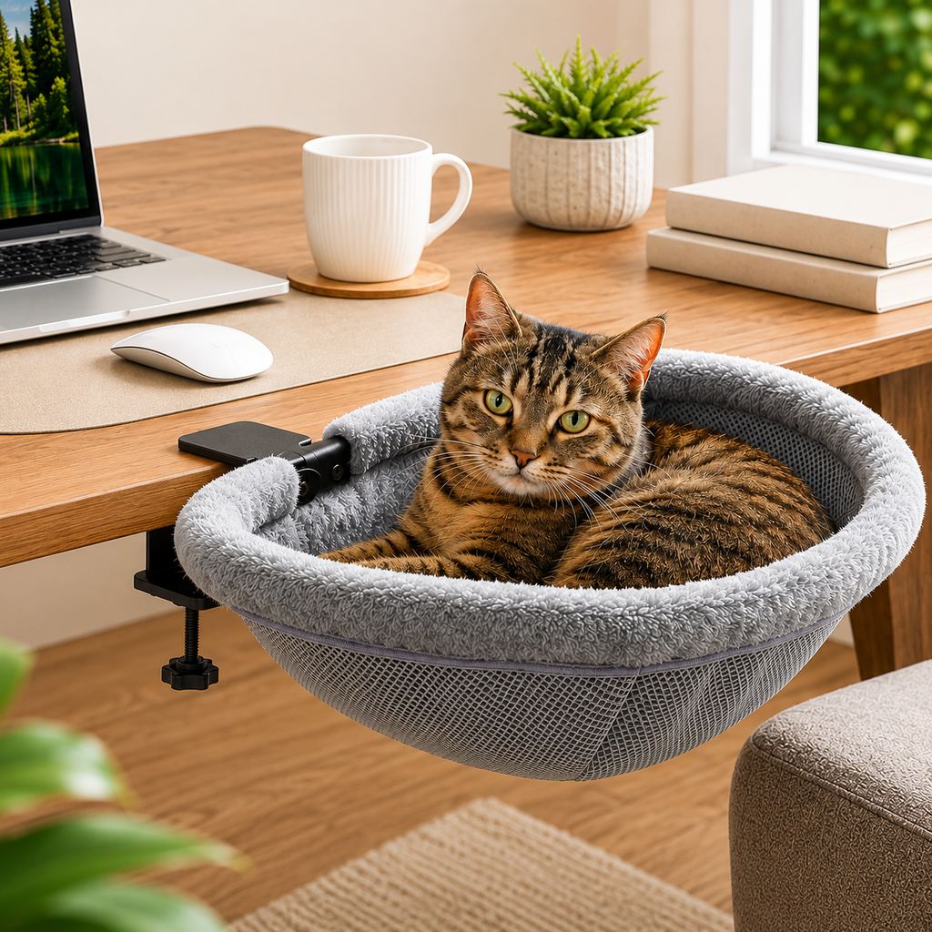 Malloren Desk-Mounted Cat Bed for Home Offices - Space-Saving Clamp-On Cat Hammock