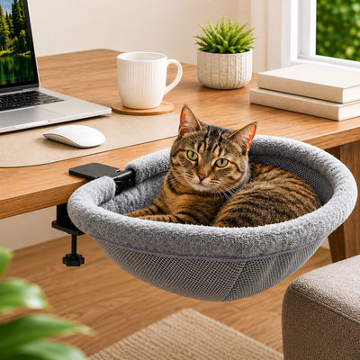 Malloren Desk-Mounted Cat Bed for Home Offices - Space-Saving Clamp-On Cat Hammock