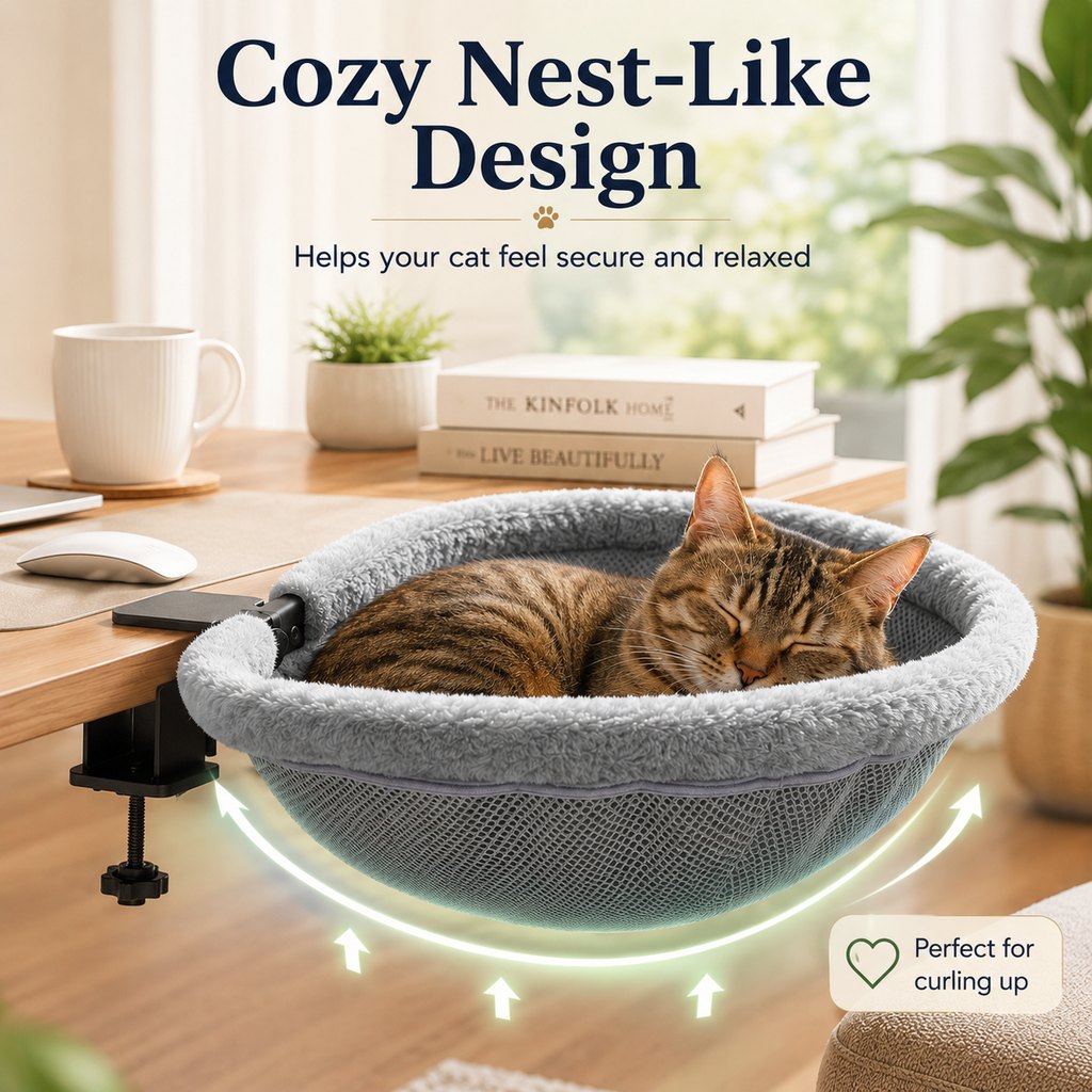 Malloren Desk-Mounted Cat Bed for Home Offices - Space-Saving Clamp-On Cat Hammock