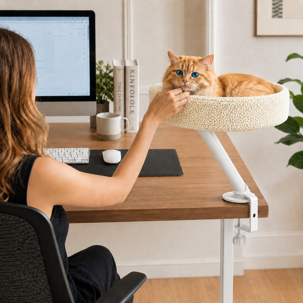 Malloren Desk Mounted Cat Bed Perch for Home Office - Space Saving Elevated Cat Lounger with Soft Breathable Fabric for Cats to Relax Beside Your Workspace
