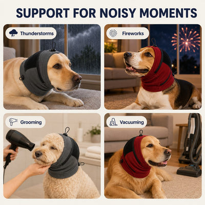 Malloren Adjustable Dog Calming Hoodie Ear Wrap for Fireworks, Thunderstorms & Grooming - Helps Soften Sudden Sounds with a Secure Fit