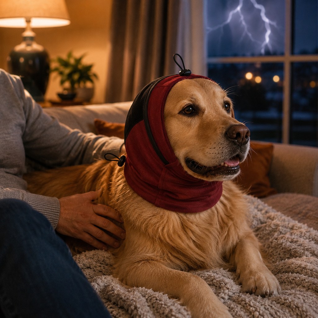 Malloren Adjustable Dog Calming Hoodie Ear Wrap for Fireworks, Thunderstorms & Grooming - Helps Soften Sudden Sounds with a Secure Fit