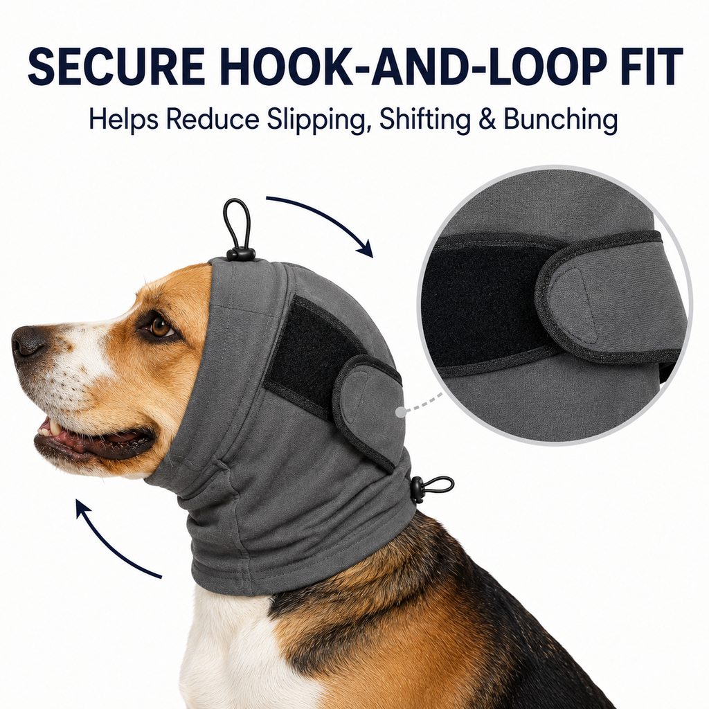 Malloren Adjustable Dog Calming Hoodie Ear Wrap for Fireworks, Thunderstorms & Grooming - Helps Soften Sudden Sounds with a Secure Fit