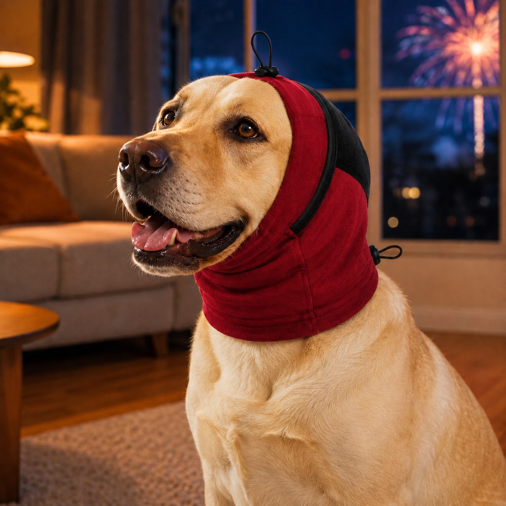 Malloren Adjustable Dog Calming Hoodie Ear Wrap for Fireworks, Thunderstorms & Grooming - Helps Soften Sudden Sounds with a Secure Fit