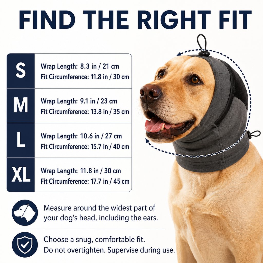 Malloren Adjustable Dog Calming Hoodie Ear Wrap for Fireworks, Thunderstorms & Grooming - Helps Soften Sudden Sounds with a Secure Fit