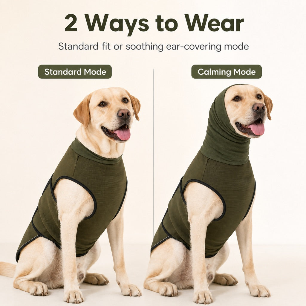 Malloren Dog Calming Shirt for Fireworks & Thunderstorms - Anxiety Relief Wrap with Ear-Covering Hood for Vet Visits, Travel & Night Walks
