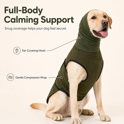Malloren Dog Calming Shirt for Fireworks & Thunderstorms - Anxiety Relief Wrap with Ear-Covering Hood for Vet Visits, Travel & Night Walks