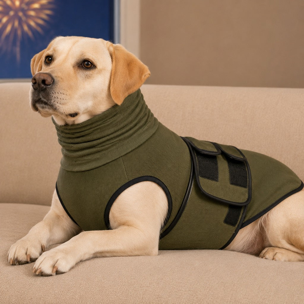 Malloren Dog Calming Shirt for Fireworks & Thunderstorms - Anxiety Relief Wrap with Ear-Covering Hood for Vet Visits, Travel & Night Walks