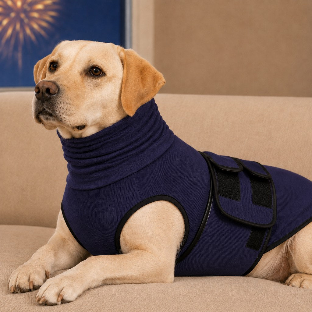 Malloren Dog Calming Shirt for Fireworks & Thunderstorms - Anxiety Relief Wrap with Ear-Covering Hood for Vet Visits, Travel & Night Walks