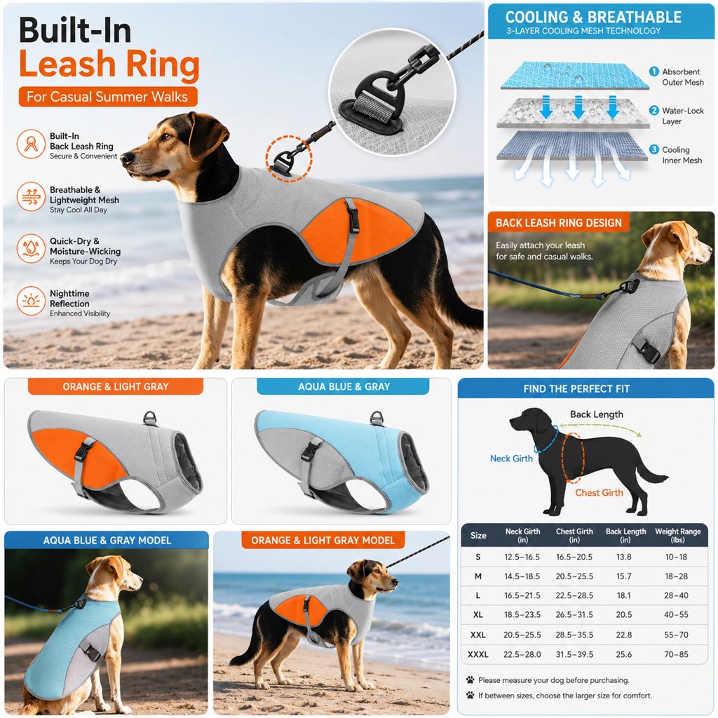 Malloren Dog Cooling Vest for Summer Walks - Wet-to-Cool Lightweight Jacket with Leash Ring for Hot Weather Outdoor Comfort