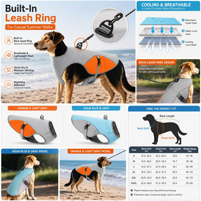 Malloren Dog Cooling Vest for Summer Walks - Wet-to-Cool Lightweight Jacket with Leash Ring for Hot Weather Outdoor Comfort