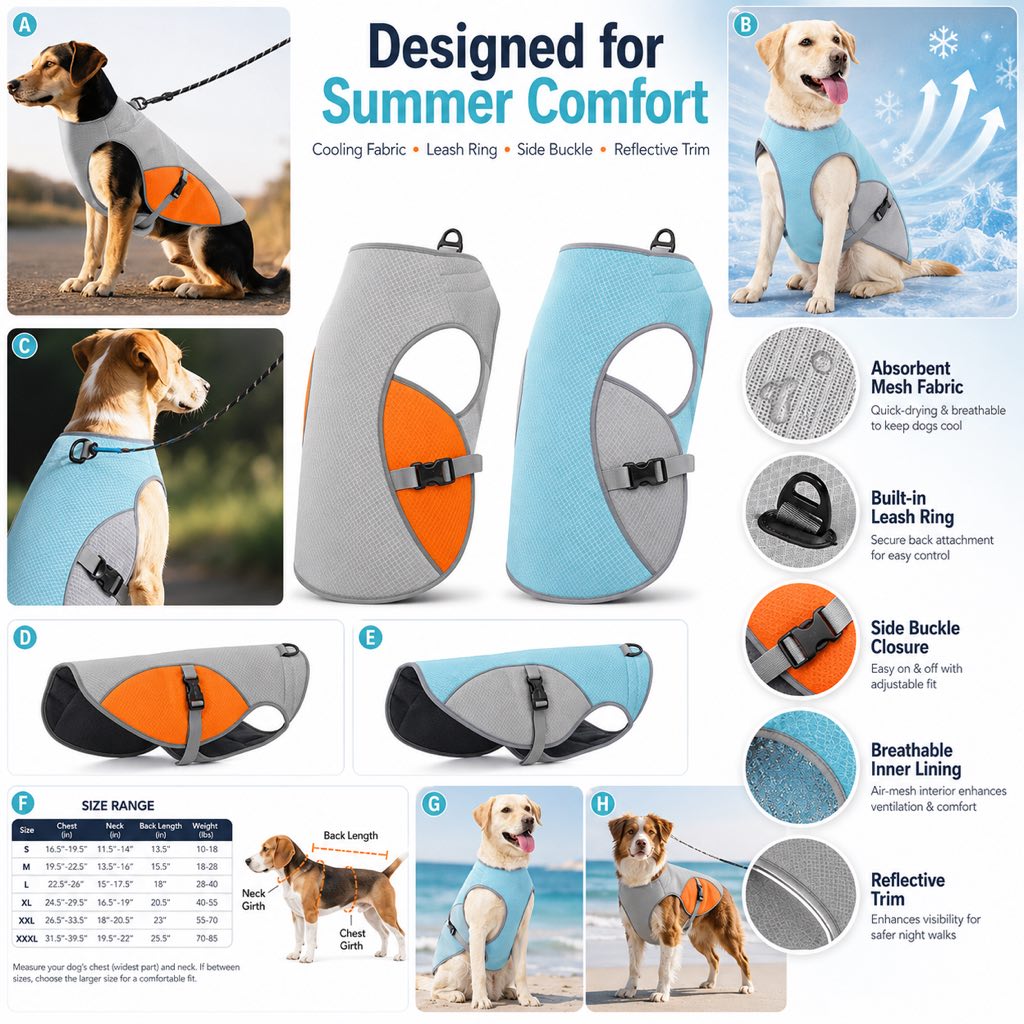 Malloren Dog Cooling Vest for Summer Walks - Wet-to-Cool Lightweight Jacket with Leash Ring for Hot Weather Outdoor Comfort