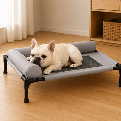 Malloren French Bulldog Elevated Dog Cot for All-Season Indoor Naps - Breathable Raised Pet Bed with Soft Bolsters for Cooler Rest & Easy Cleaning