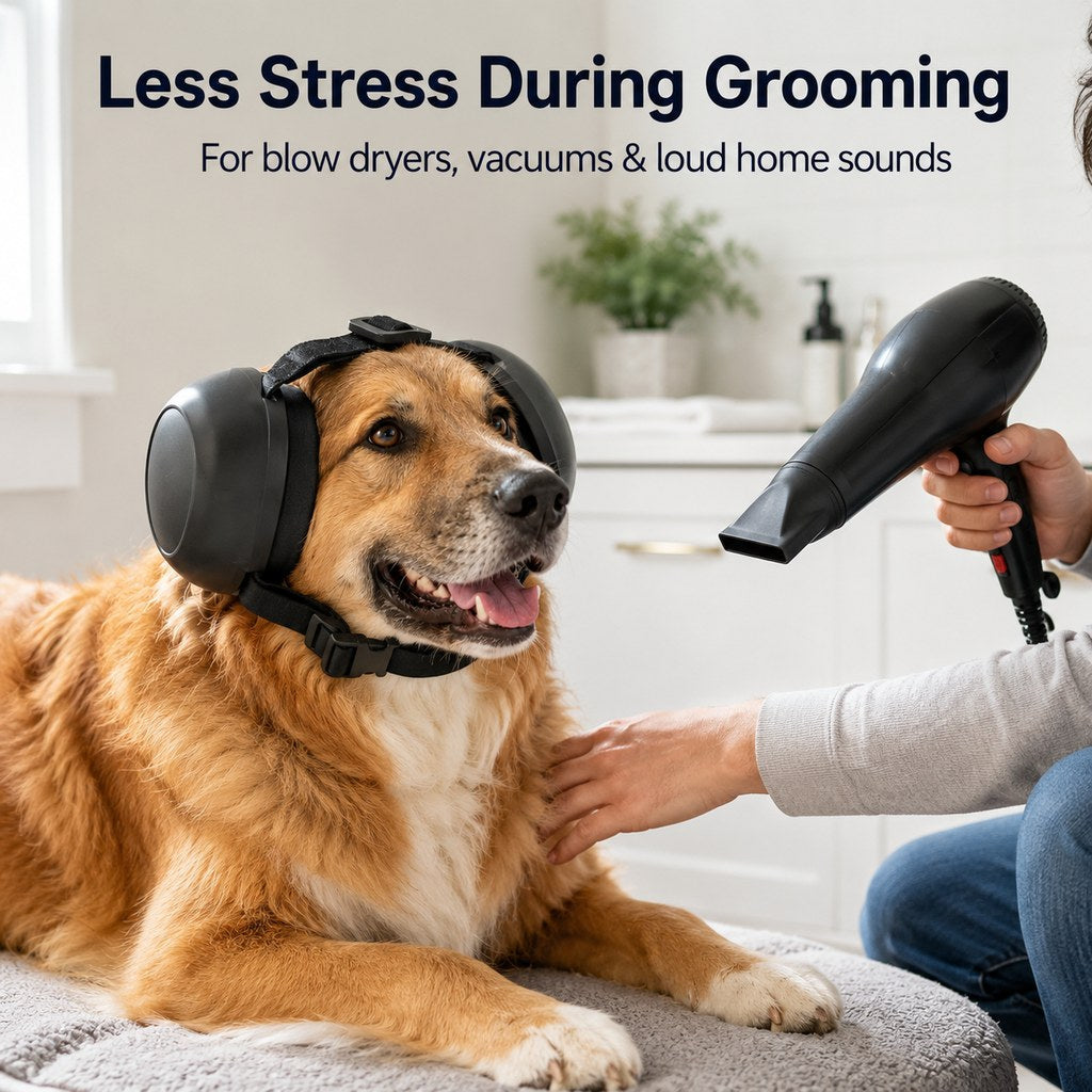 Malloren Dog Noise-Reducing Ear Muffs for Fireworks, Thunderstorms & Grooming - Adjustable Anxiety Comfort Ear Protection for Medium & Large Dogs