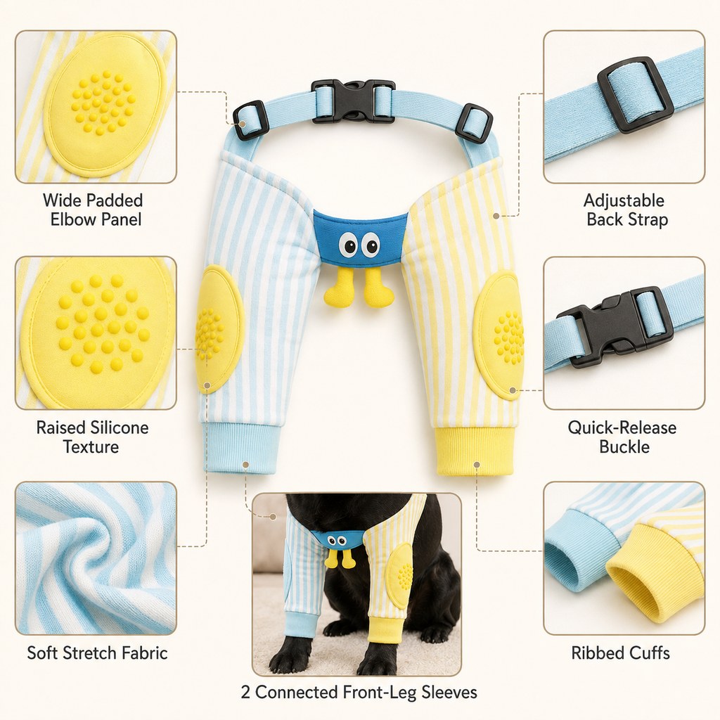 Malloren Padded Dog Elbow Protector Sleeves for Hard Floors - Dual Front-Leg Coverage for Pressure & Rubbing