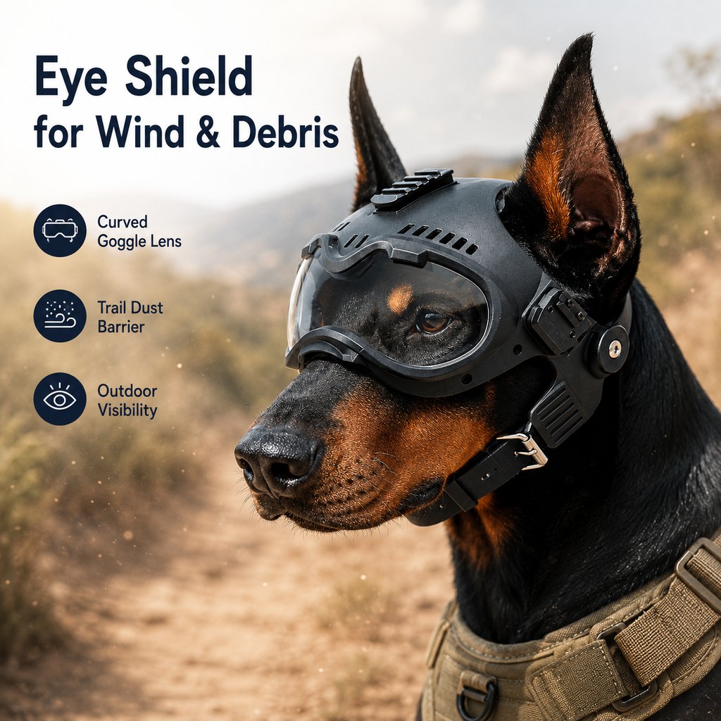 Malloren K9 Tactical-Style Dog Helmet with Goggles for Hiking & Outdoor Training - Helps Shield Eyes from Wind, Dust & Trail Debris