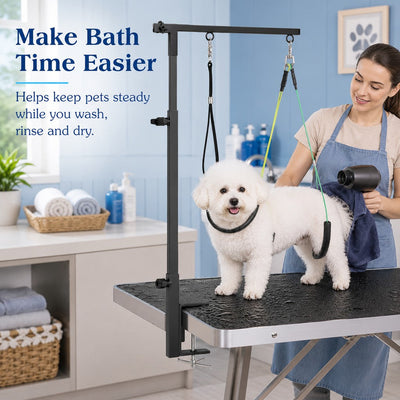 Malloren Clamp-On Pet Grooming Arm for Bathing & Trimming, Foldable Dual Support Holder for Small & Medium Dogs