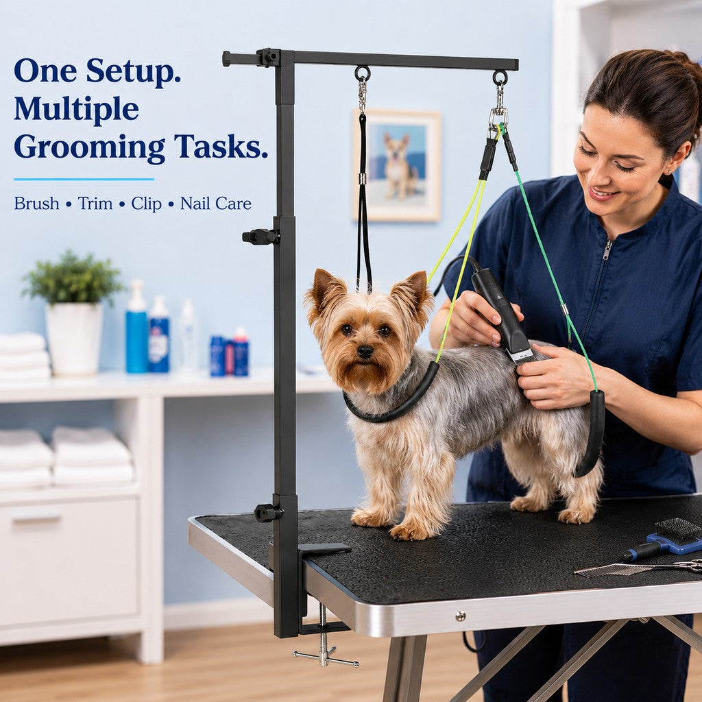 Malloren Clamp-On Pet Grooming Arm for Bathing & Trimming, Foldable Dual Support Holder for Small & Medium Dogs