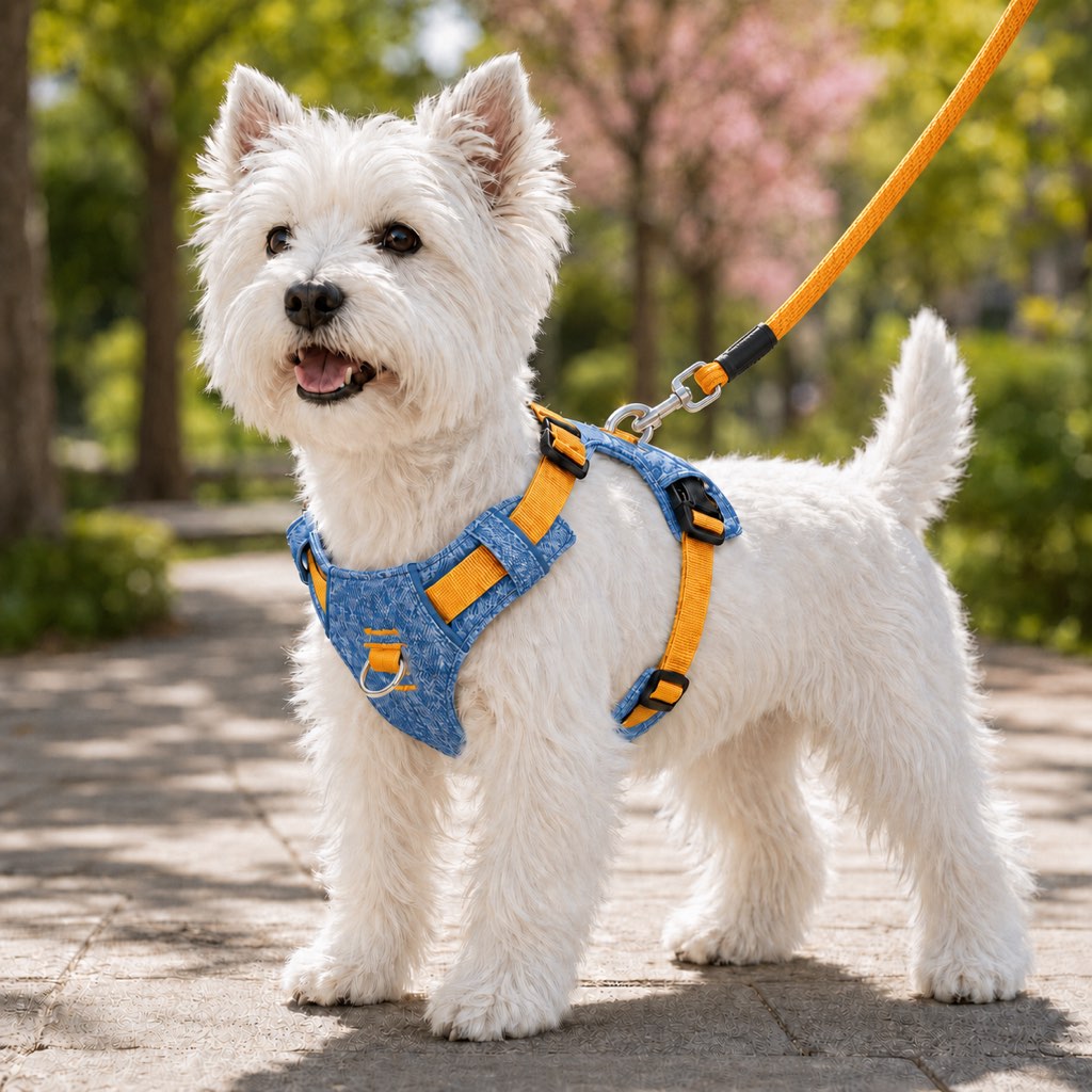 Malloren Vintage Denim No-Pull Dog Harness &5 ft Rope Leash Set - Soft Adjustable Vest for Everyday Walks, Better Control & Low-Light Visibility